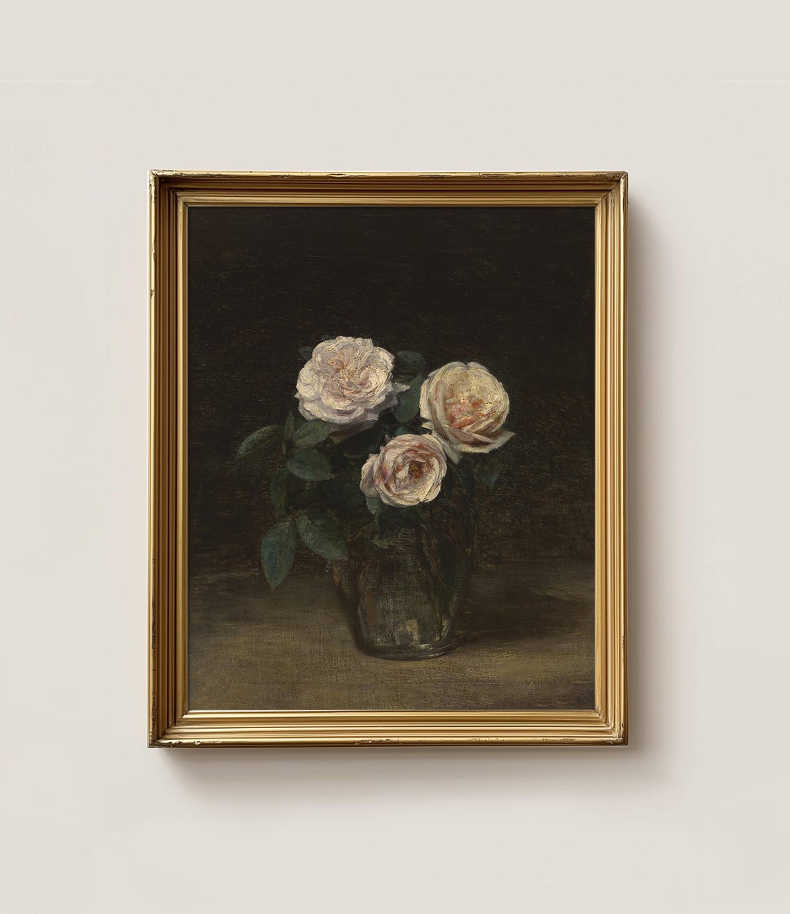 Three White Roses Vase Oil Painting Dark Floral Still Life Wall Art