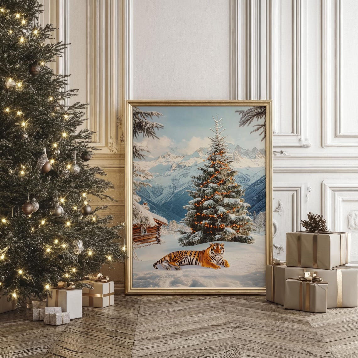Magical Tiger Resting in Snow Beside a Glowing Christmas Tree Poster - Image 2