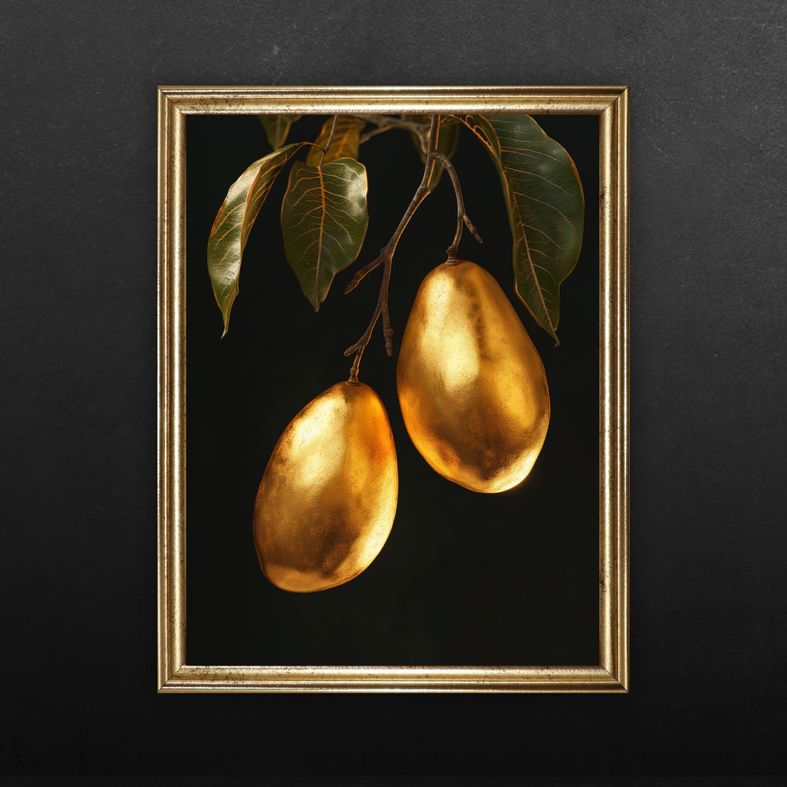 Luxurious Golden Mangoes Hanging from a Branch on Black Poster - Image 2