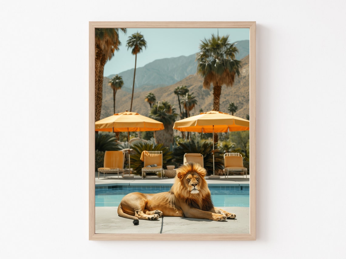 Relaxed Lion Lounging Poolside Among Yellow Umbrellas Poster