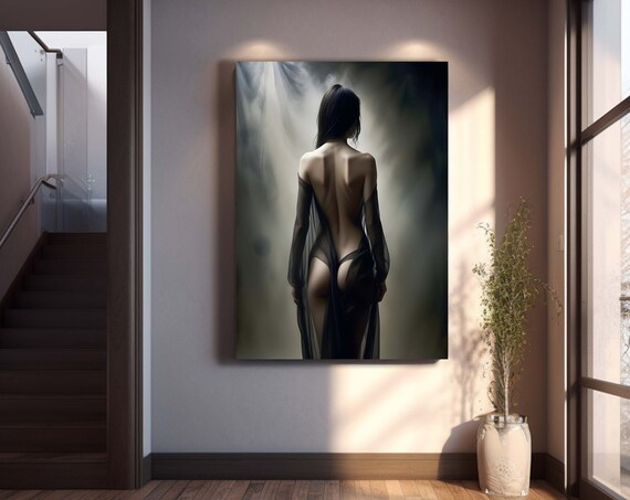 Canvas Painting Seductive Silhouette Nude Art Print Erotic Wall Decor Sensual Veil Ready To Hang
