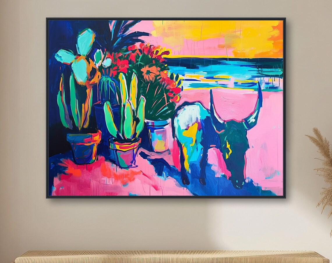 Southwestern Bull And Cactus, Western Art Print