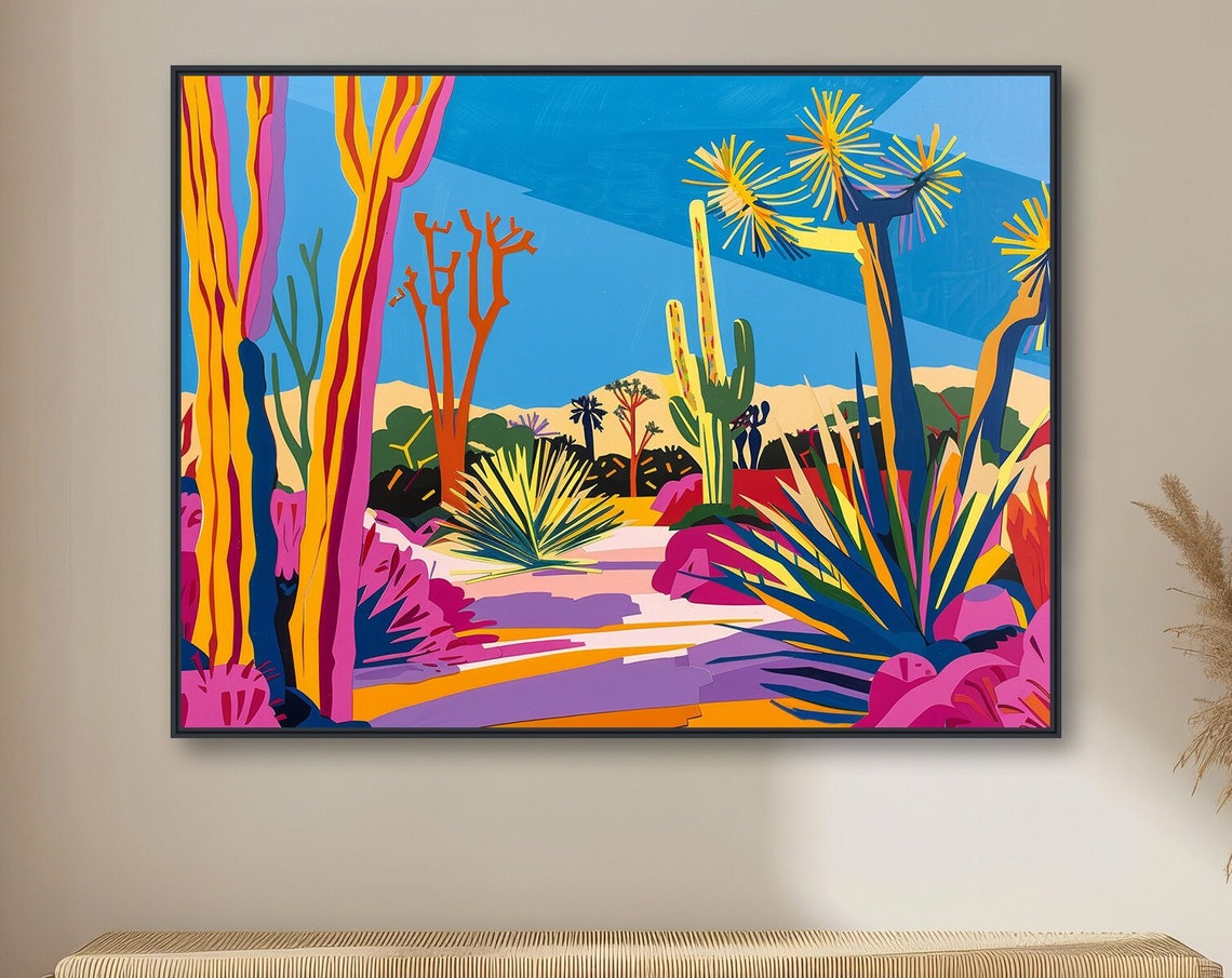 Bold Pop Art Desert Painting Magenta Ocotillo Blue Sky Wall Poster