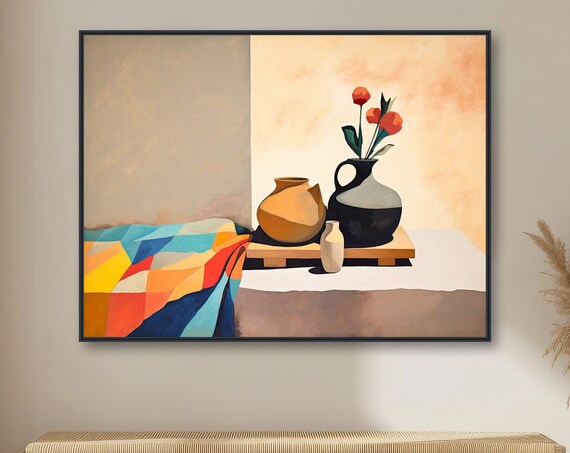 Adobe Still Life Painting Clay Pots Patchwork Cloth Flowers Wall Poster