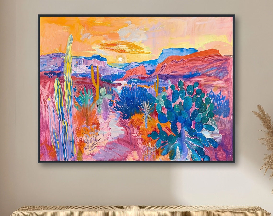 Impressionist Desert Sunset Painting Teal Cactus Red Mesas Wall Poster