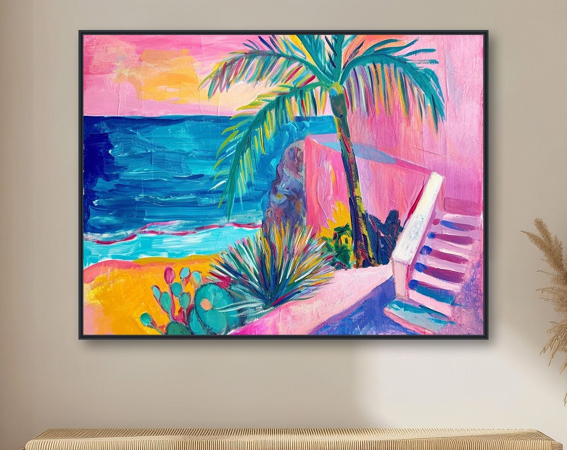 Tropical Abstract Painting Modern Beach Wall Art With Palm Tree Gicle Or Framed Print Pink Blue Beachside Palm