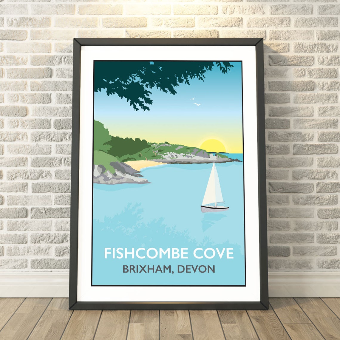 Fishcombe Cove Brixham Devon Sailboat Sunset Travel Style Poster