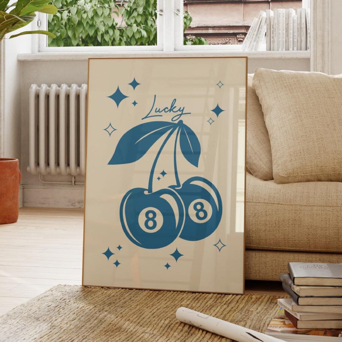 Lucky Blue 8 Ball Cherries Retro Casino Sparkle Wall Decor Poster