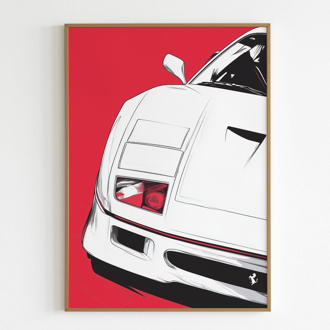 White Ferrari F40 Front Close-Up Red Background Modern Poster