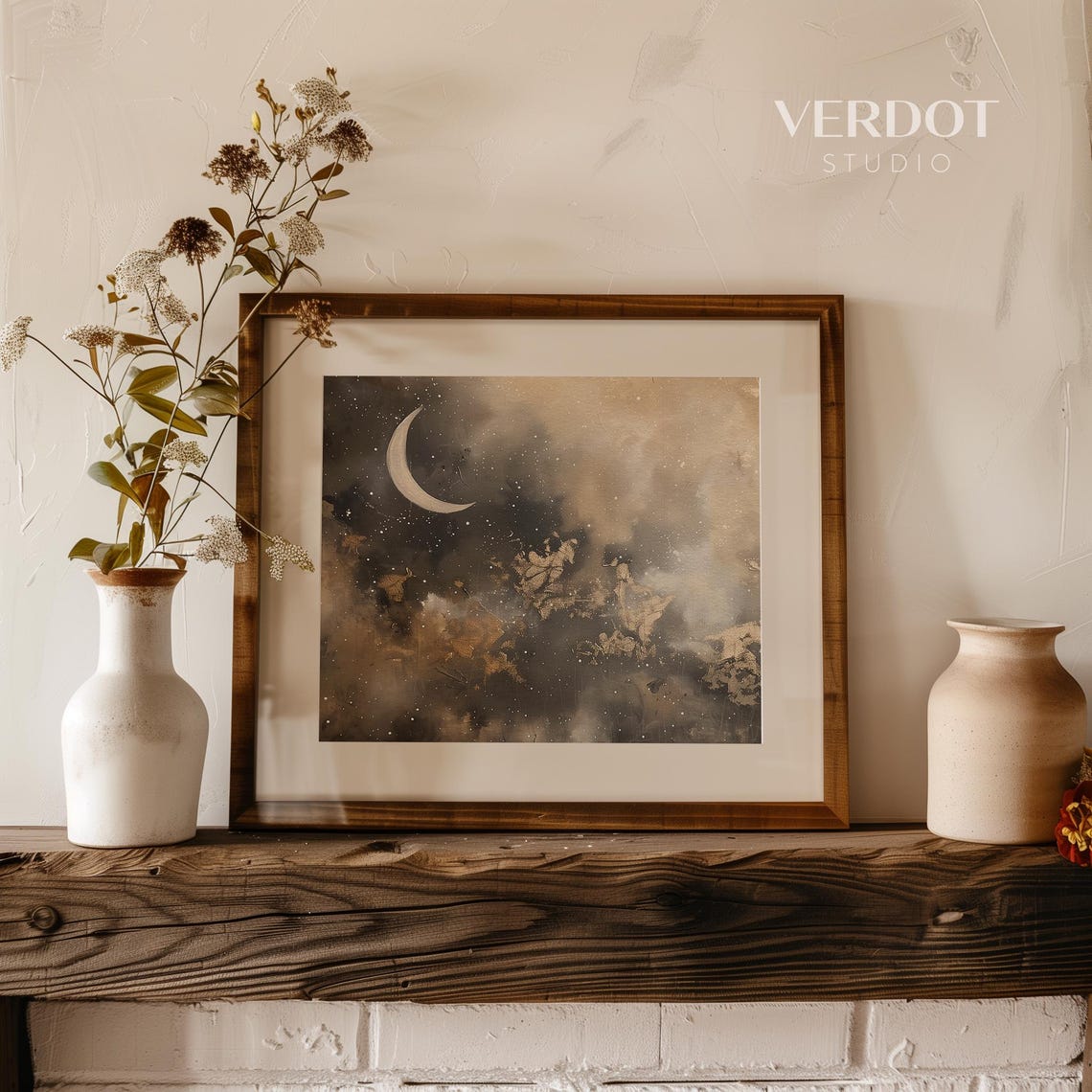 Gold Crescent Moon Starry Night Sky Clouds Mystical Painting Art Print - Image 3