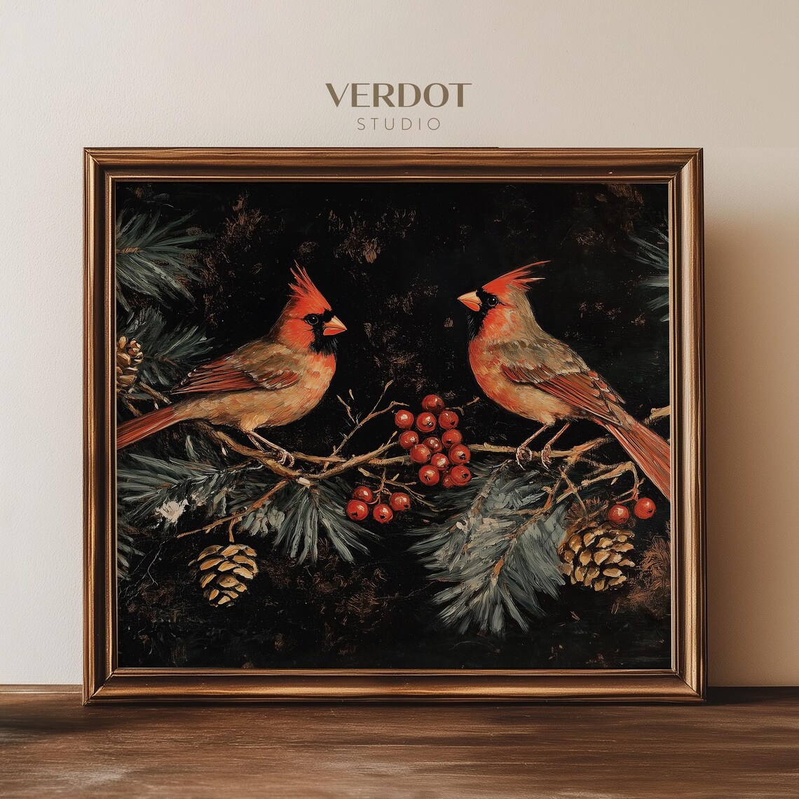 Red Cardinal Christmas Print, Dark Moody Holiday Art