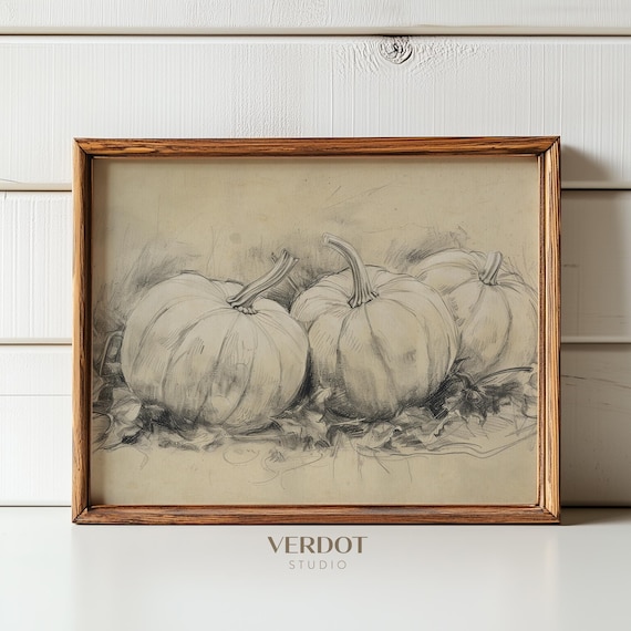 Neutral Pumpkin Sketch Fall Still Life Pencil Drawing Beige Art Print