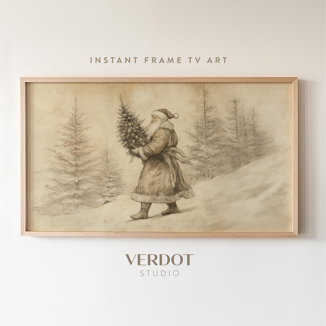 Santa Christmas Tree Vintage Holiday Art Print
