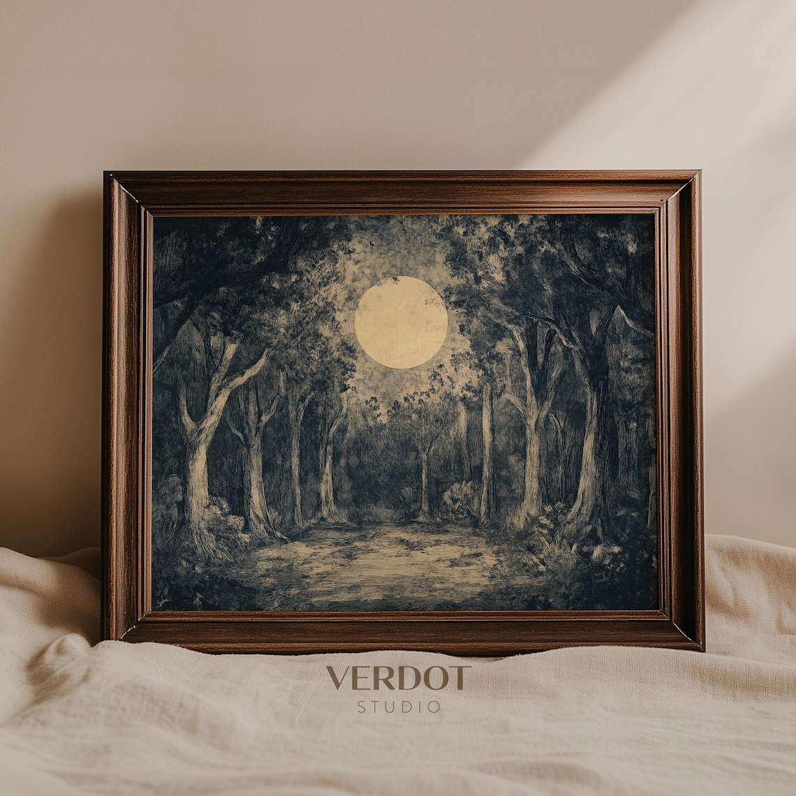 Full Moon Night Forest Vintage Landscape Drawing Dark Academia Wall Art Poster