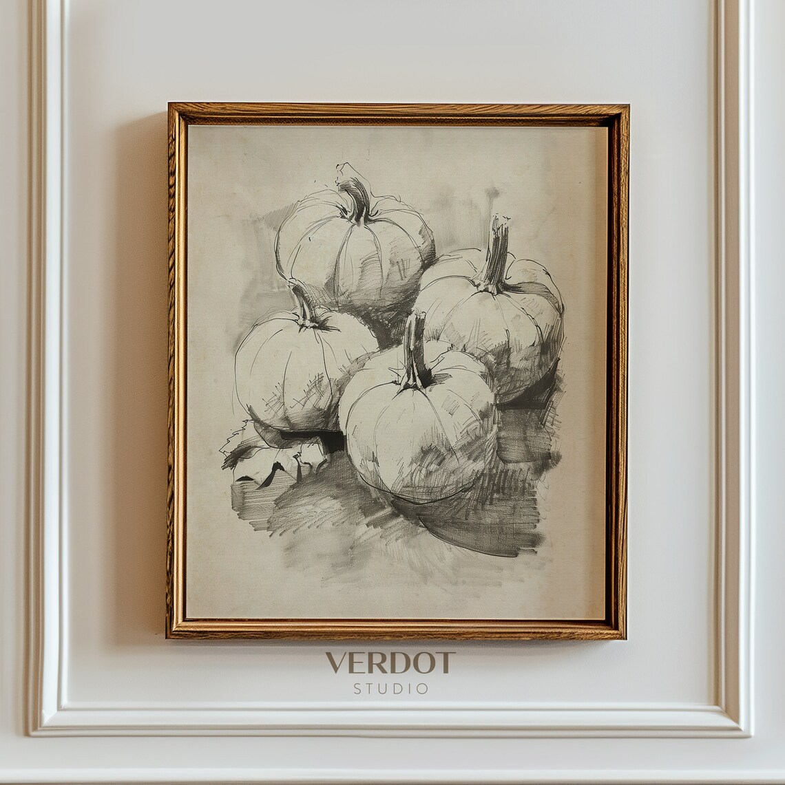 Pumpkin Sketch Charcoal Drawing Four Pumpkins Still Life Neutral Art Print