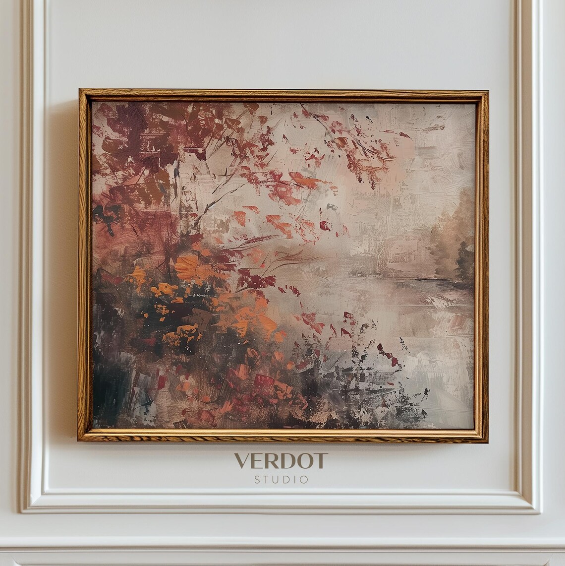 Vintage Fall River Painting Art Print, Autumn Landscape