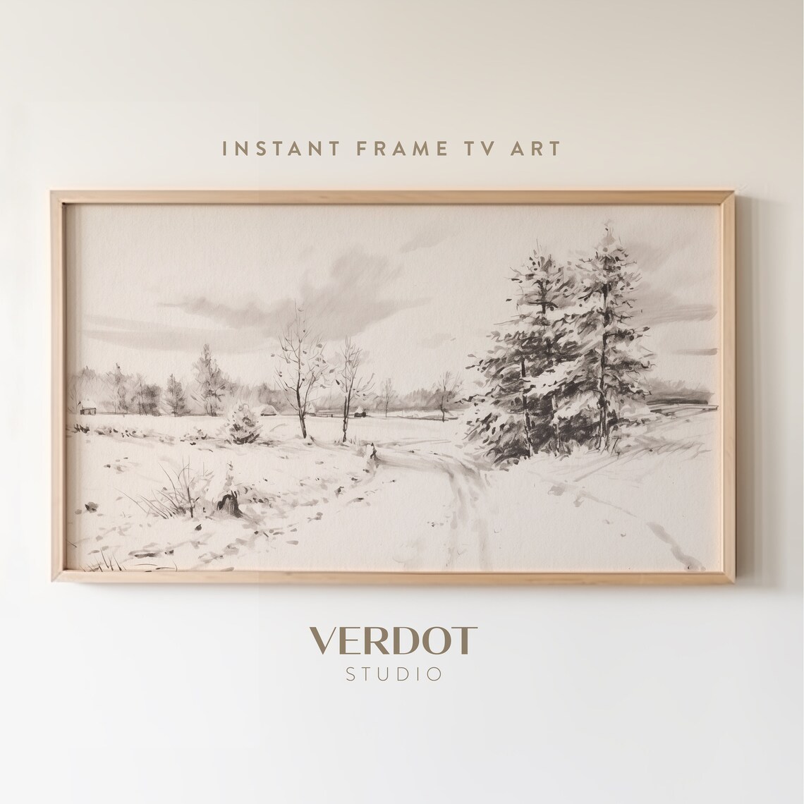Vintage Winter Landscape Art Print, Neutral Christmas Decor