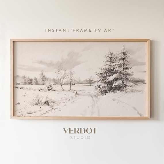 Vintage Winter Landscape Art Print, Neutral Christmas Decor