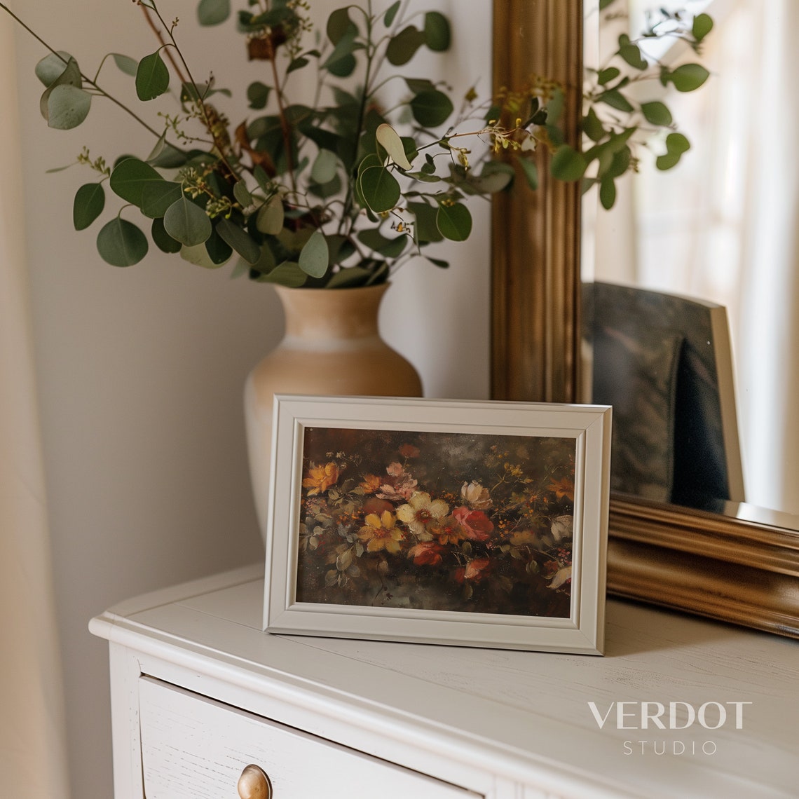 Moody Fall Floral Painting Dark Autumn Wildflowers Gold Pink Art Print - Image 3