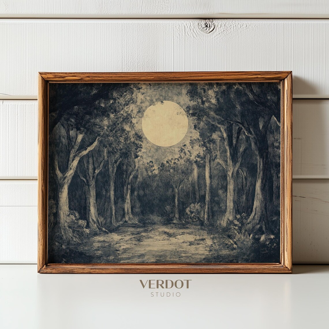 Full Moon Night Forest Vintage Landscape Drawing Dark Academia Wall Art Poster - Image 3