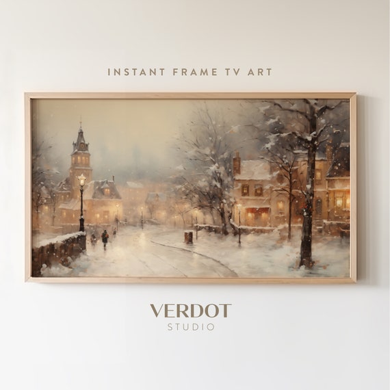 Vintage Winter Town Night Art Print, Neutral Holiday