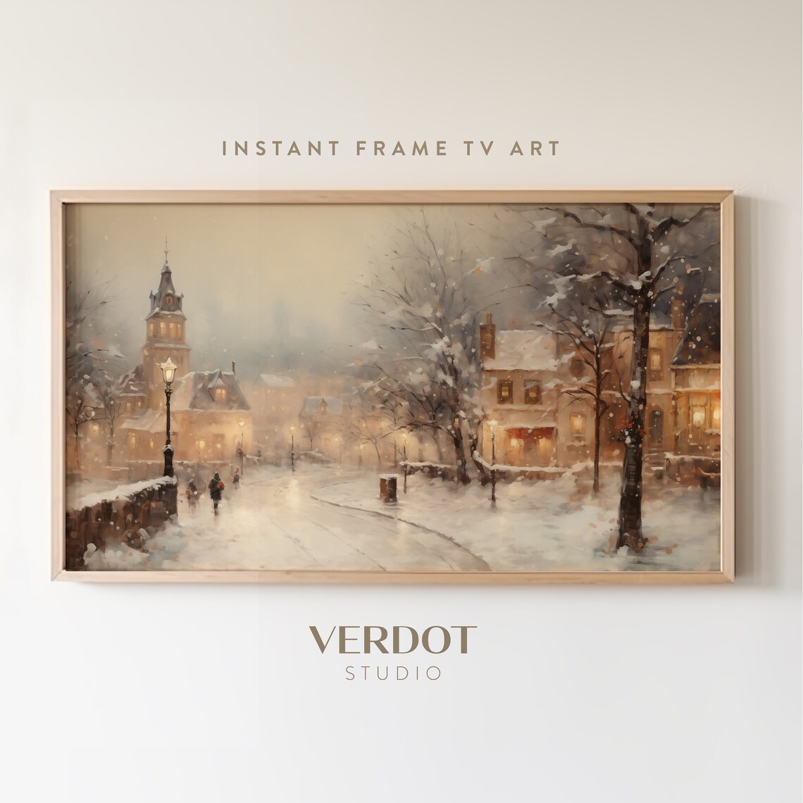 Vintage Winter Town Night Art Print, Neutral Holiday