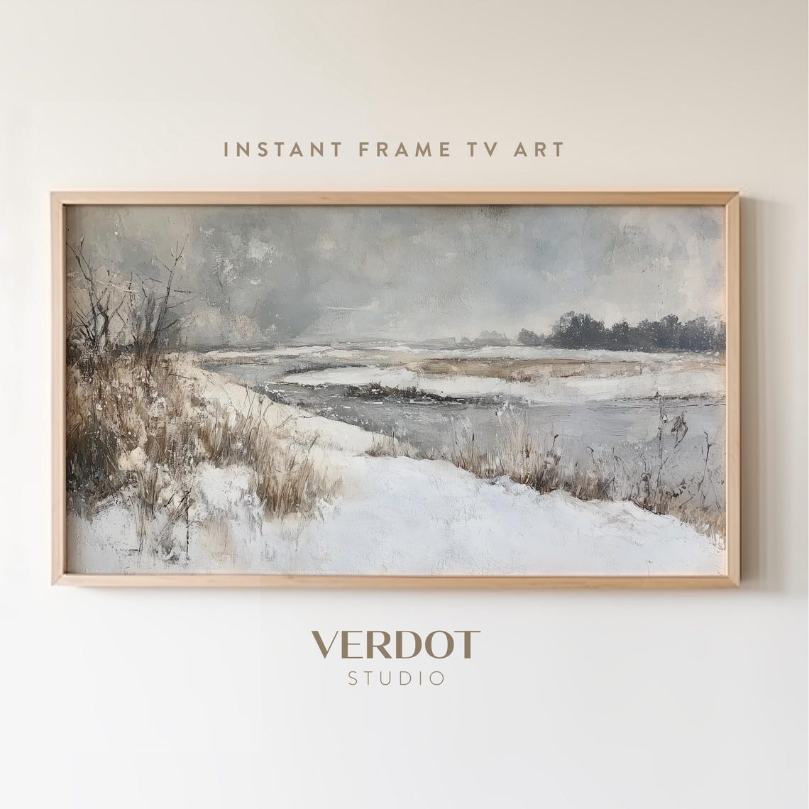 Winter Landscape Frame Tv Art Snowy Country Lake Christmas Holiday Painting Antique Neutral Scenery Screensaver Tv24235