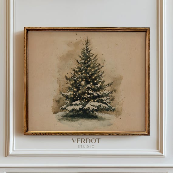 Vintage Christmas Tree Art Print, Neutral Holiday Decor