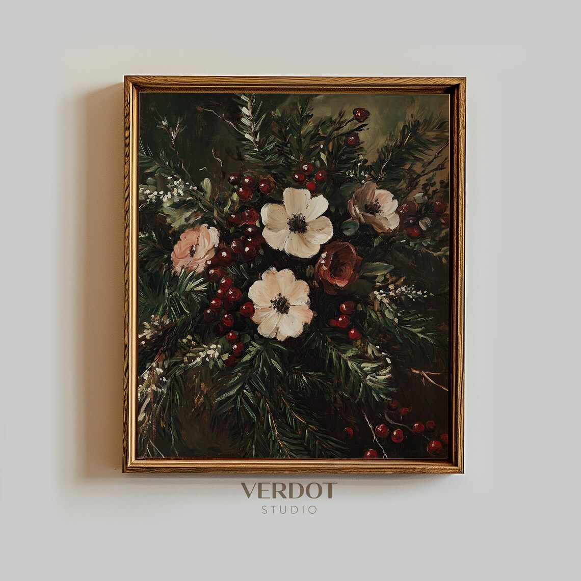 Winter Flower Painting Christmas Print, Vintage Holiday
