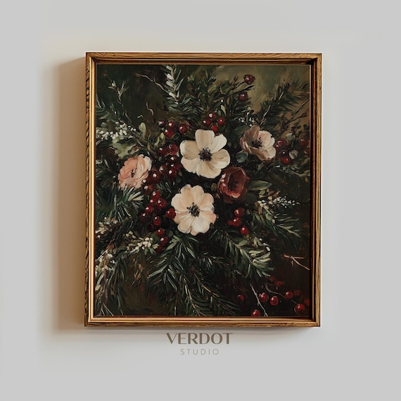 Winter Flower Painting Christmas Print, Vintage Holiday