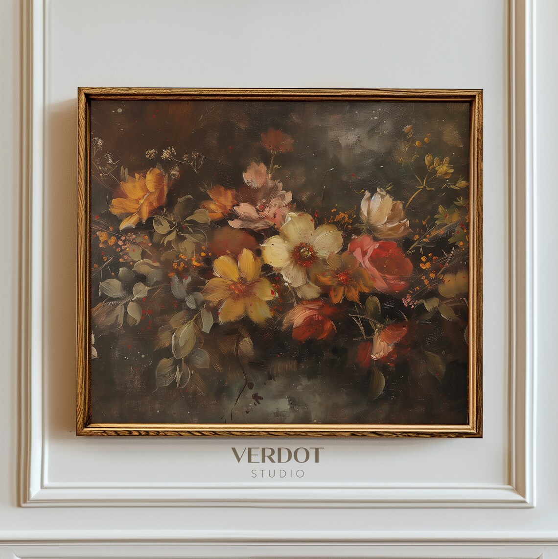 Moody Fall Floral Painting Dark Autumn Wildflowers Gold Pink Art Print