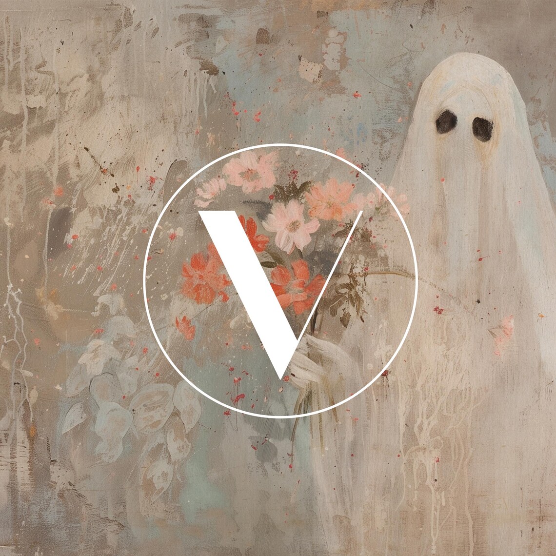 Ghost Holding Bouquet Of Red Wildflowers Vintage Neutral Painting Poster - Image 2
