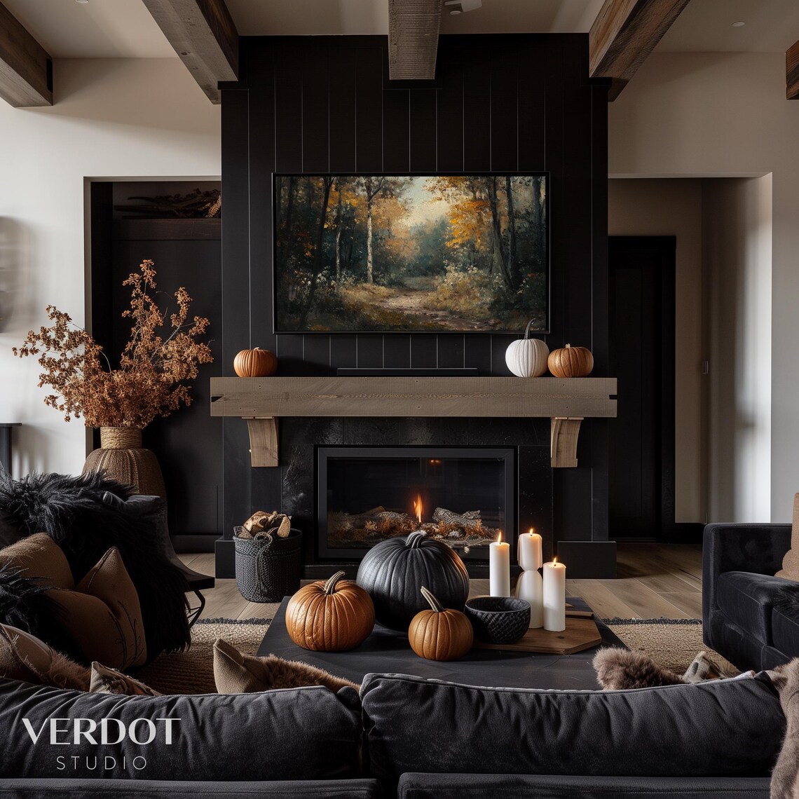 Dark Moody Fall Forest Path With Golden Light Vintage Autumn Painting Poster - Image 3