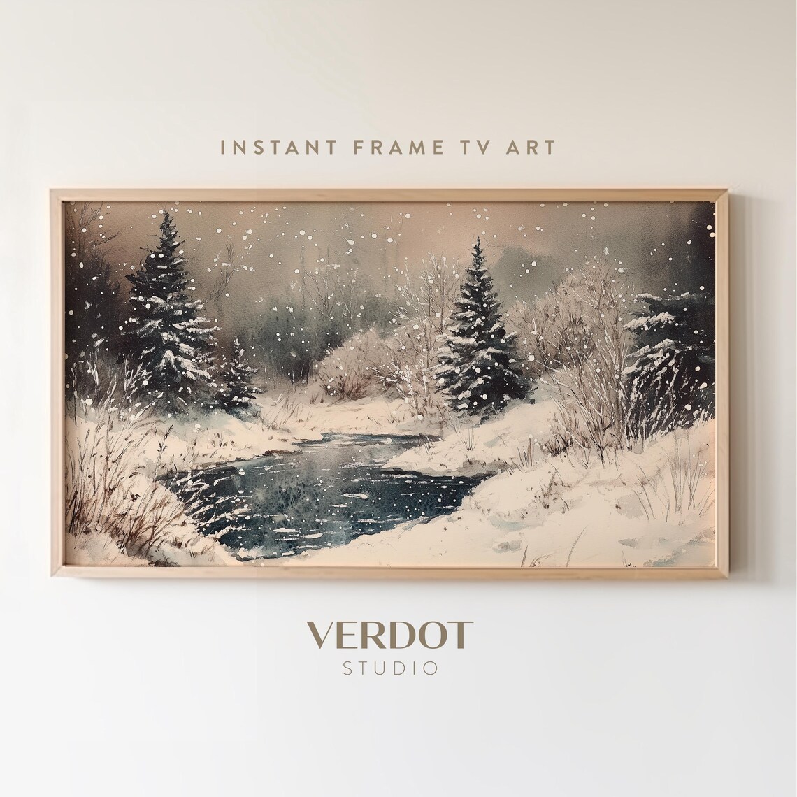Winter Pond Christmas Vintage Landscape Art Print