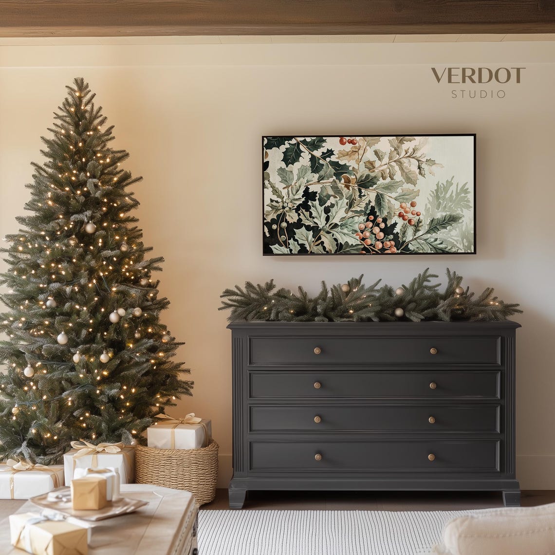 Vintage Green Christmas Frame Tv Art Holly Berry Holiday Painting Tv Christmas Decor Winter Botanical Art Tv24234 - Image 3