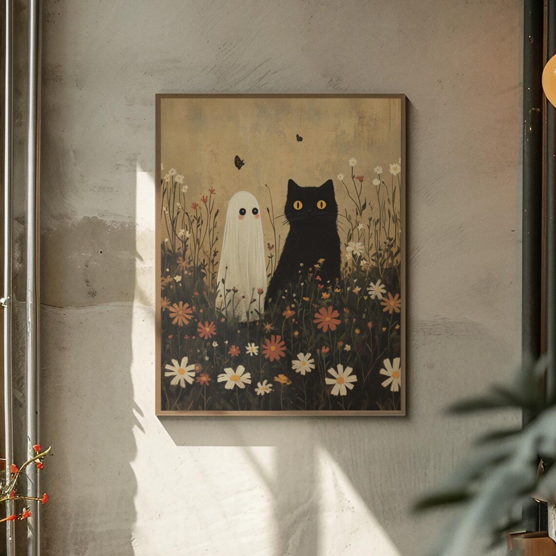 Black Cat And Cute Ghost In Wildflower Meadow Vintage Poster - Image 2