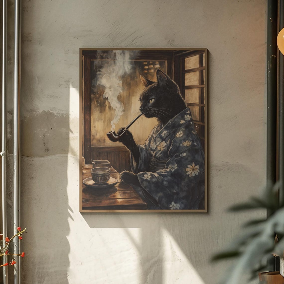 Black Cat Enjoying A Long Pipe In A Dark Floral Kimono Poster - Image 2