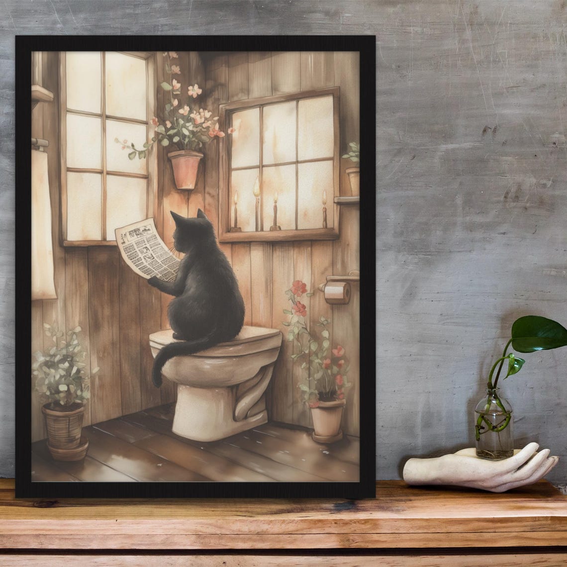 Black Cat Reading Newspaper On Toilet In Rustic Cabin Poster - Image 3