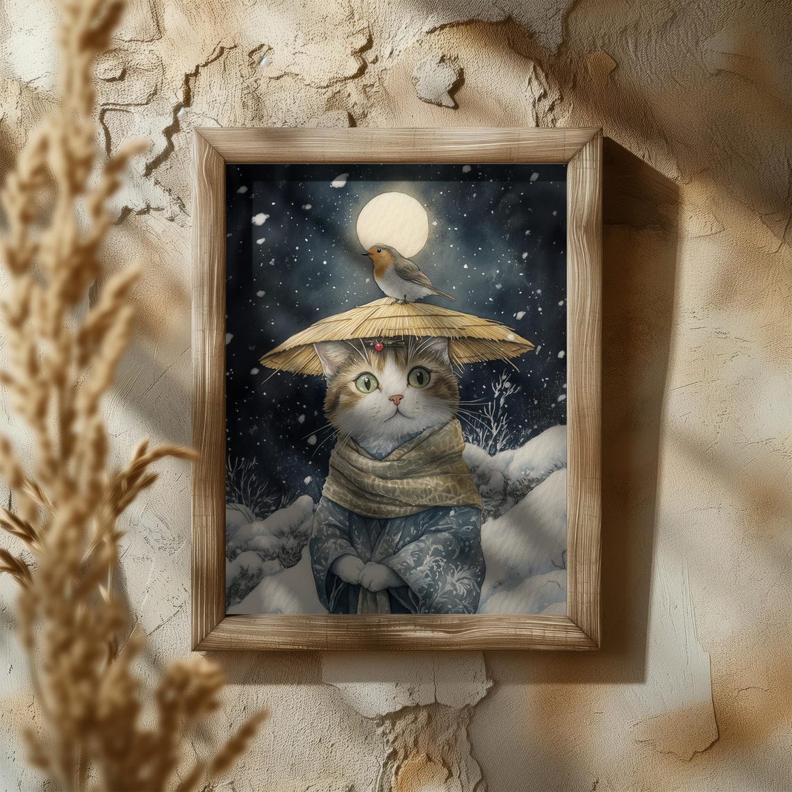 Tabby Cat In Straw Hat With A Robin Perched On A Snowy Night Poster - Image 5
