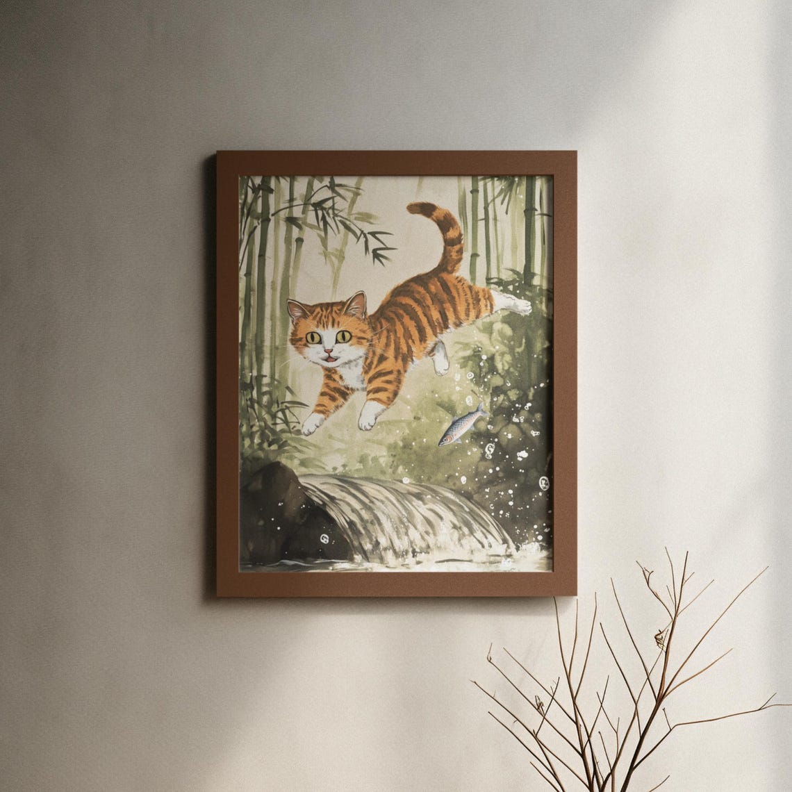Orange Tabby Cat Leaping Over A Stream In Bamboo Forest Poster - Image 6