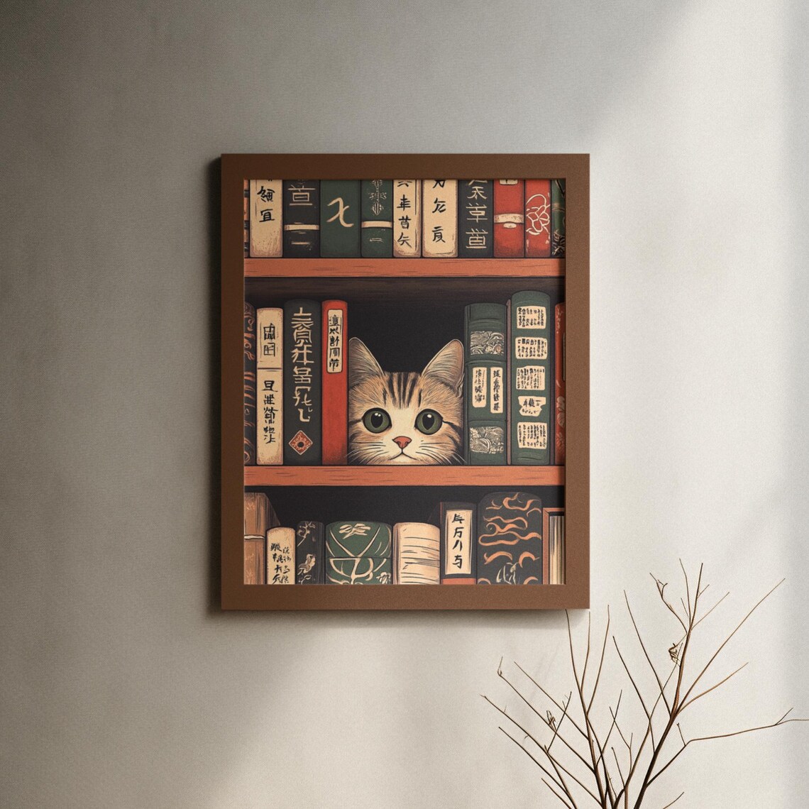 Cute Kitten Peeking From Japanese Bookshelf Vintage Art Poster - Image 6