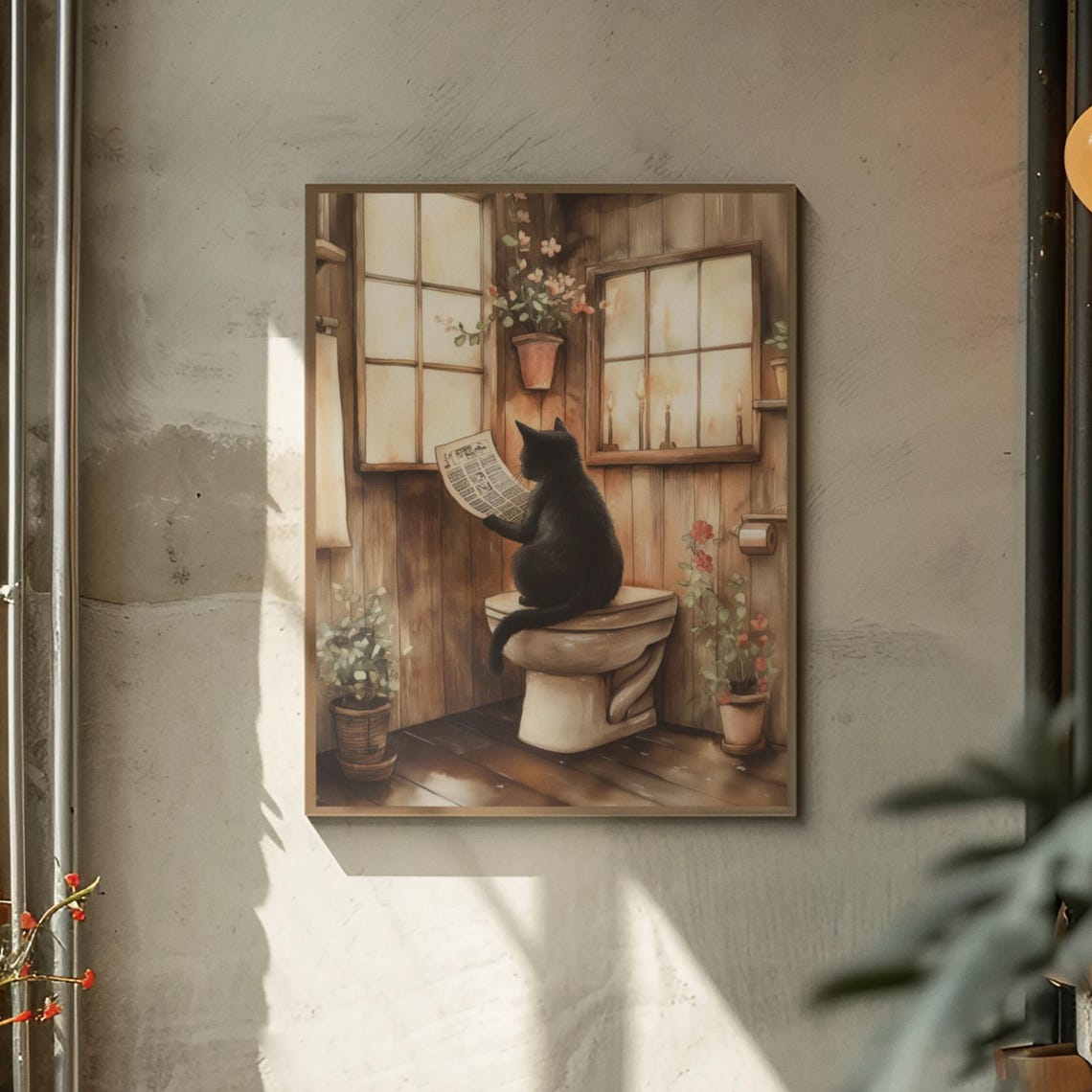 Black Cat Reading Newspaper On Toilet In Rustic Cabin Poster - Image 2