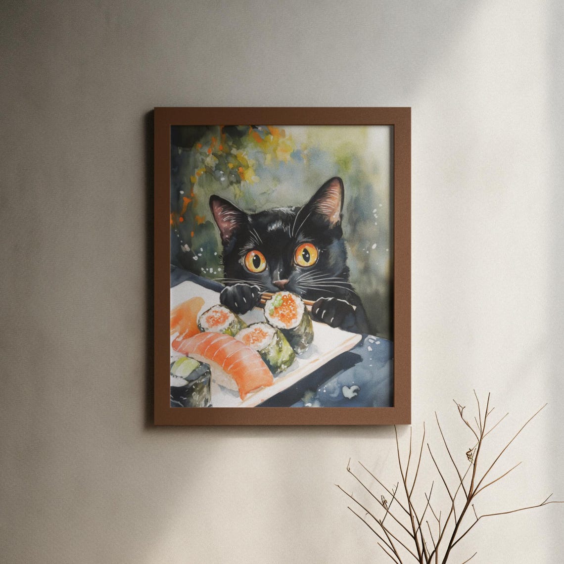 Black Cat Eyeing Sushi Plate In Loose Watercolor Style Poster - Image 6