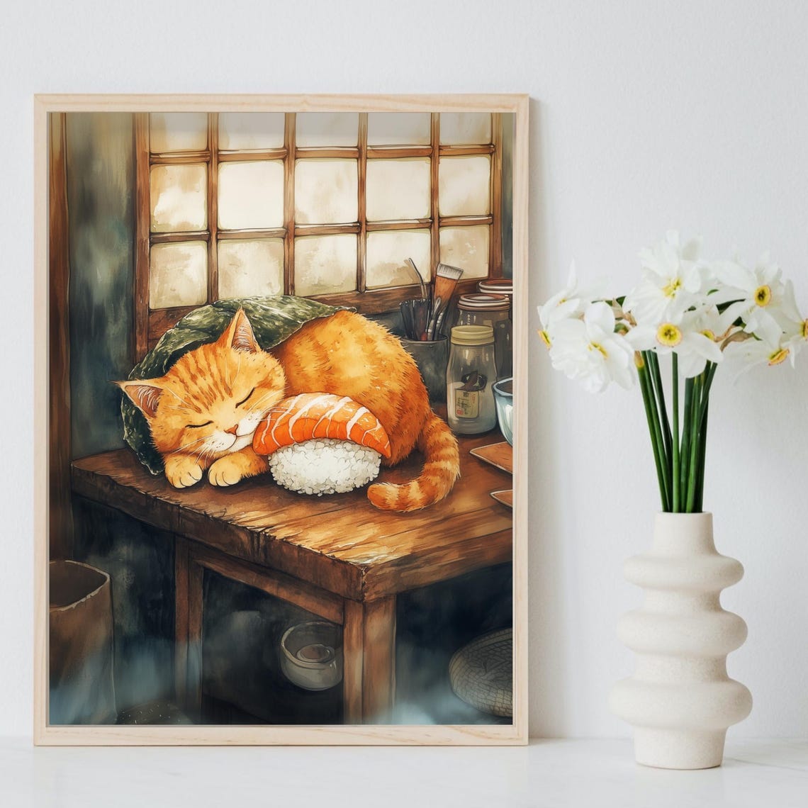 Orange Cat Sleeping Like Sushi With Salmon Slice On Counter Poster - Image 8