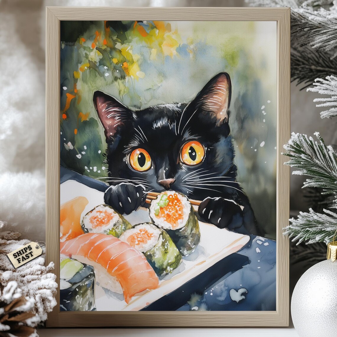 Black Cat Eyeing Sushi Plate In Loose Watercolor Style Poster