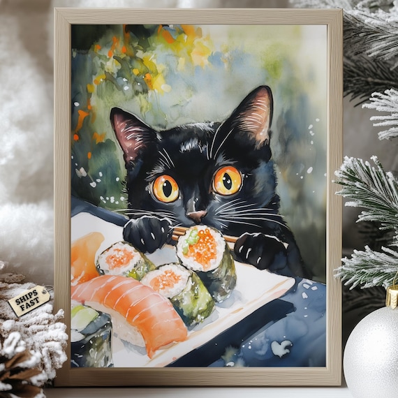 Black Cat Eyeing Sushi Plate In Loose Watercolor Style Poster