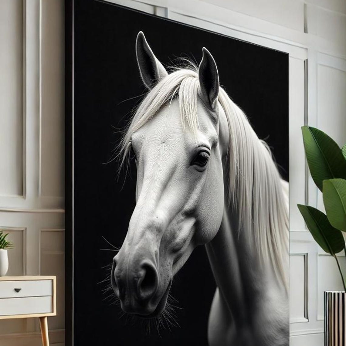White Horse Head Black Background Monochrome Photo Art Poster