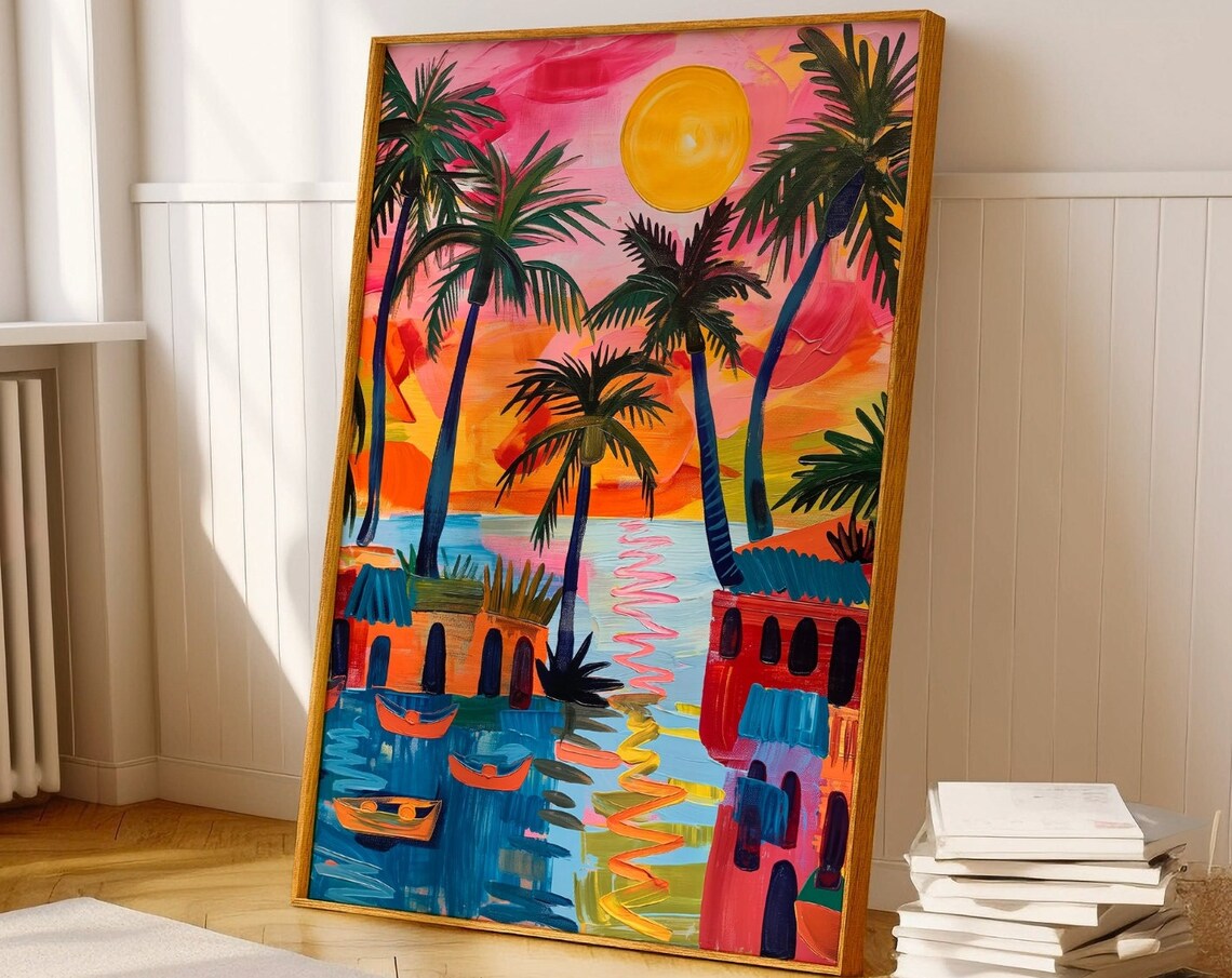 Vibrant Tropical Beach Sunset Palm Trees Boats Colorful Art Poster - Image 3