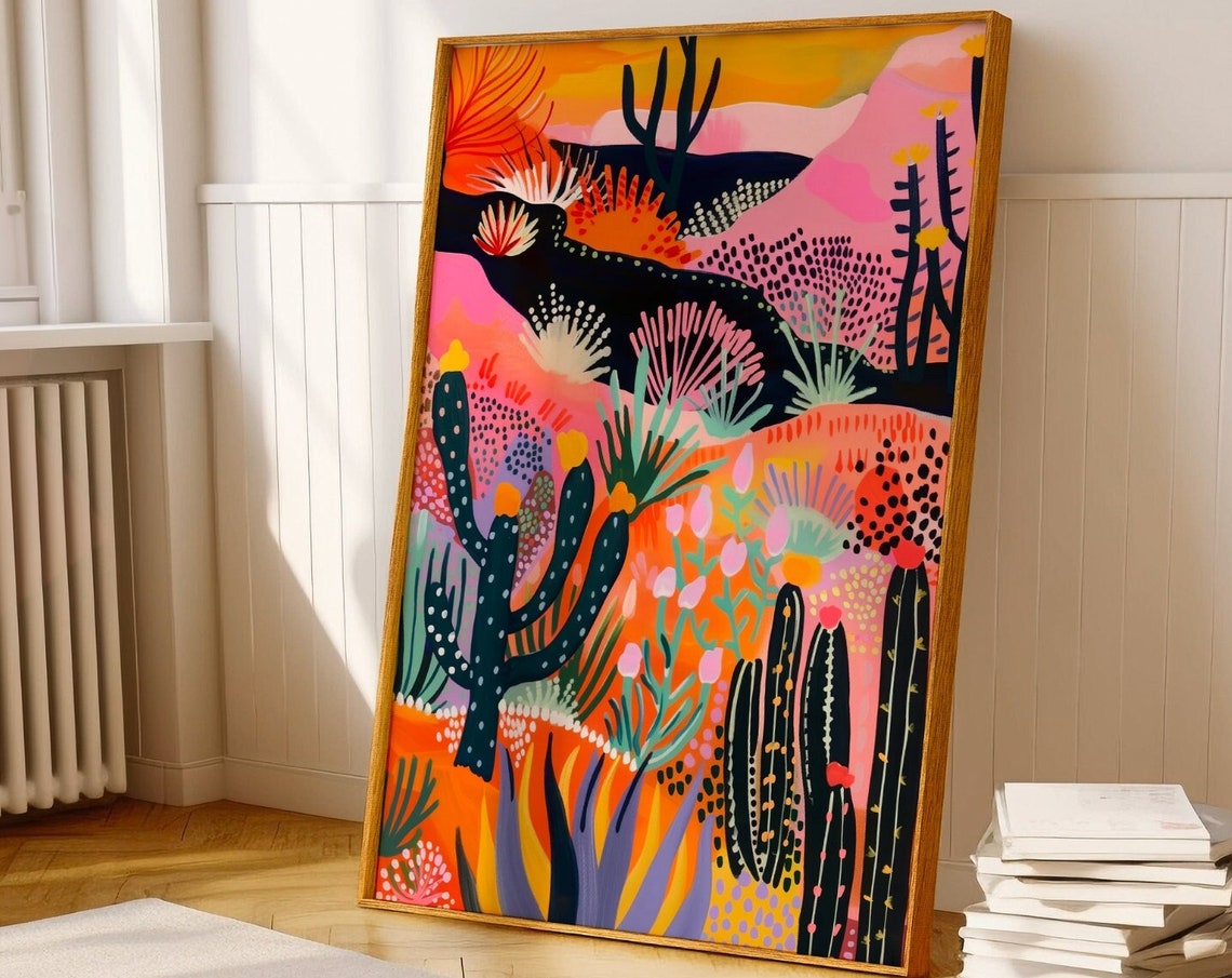 Retro Midcentury Desert Cactus Landscape Bold Pink Orange Cacti Poster