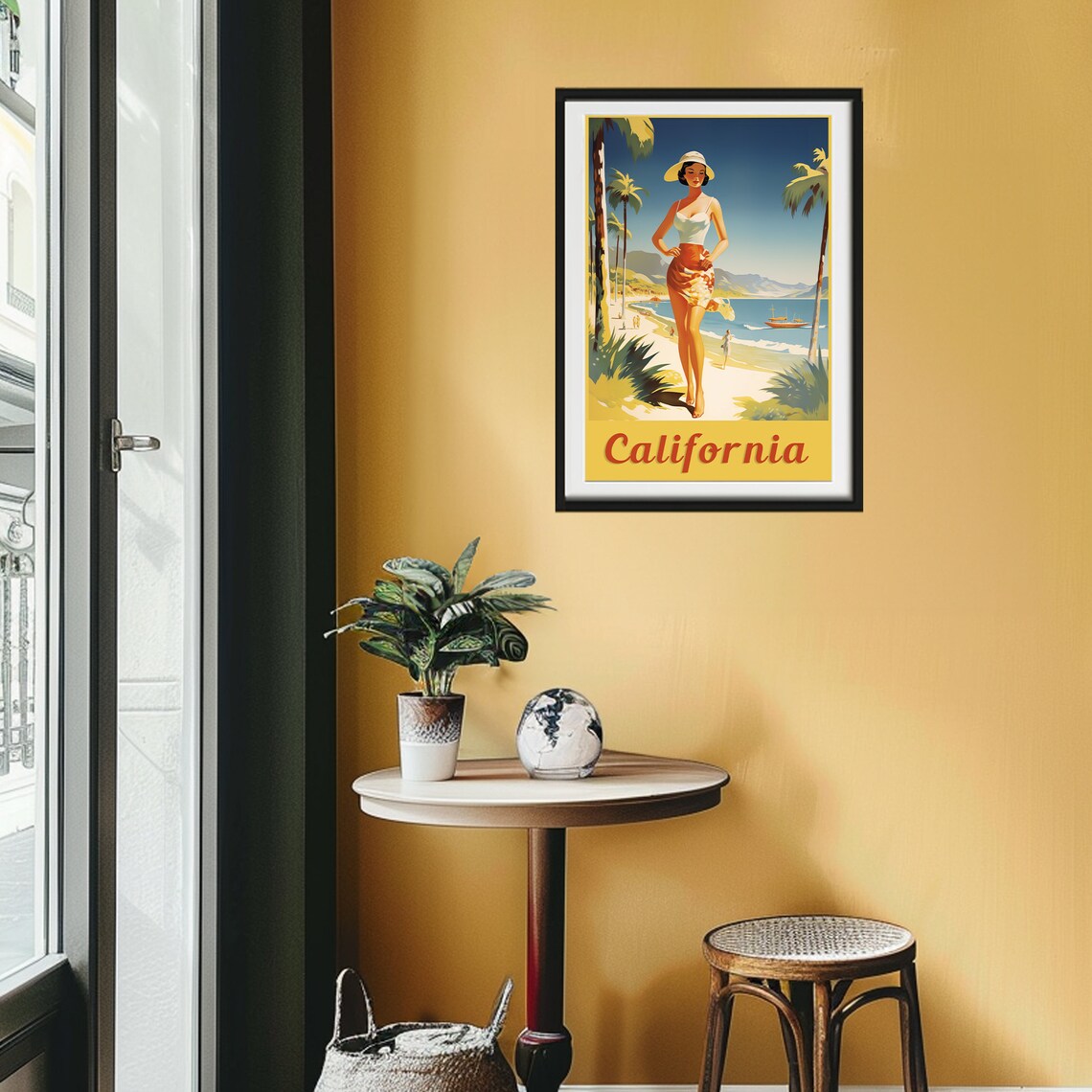 California Beach Retro Pin Up Woman Palms Ocean Travel Poster - Image 2